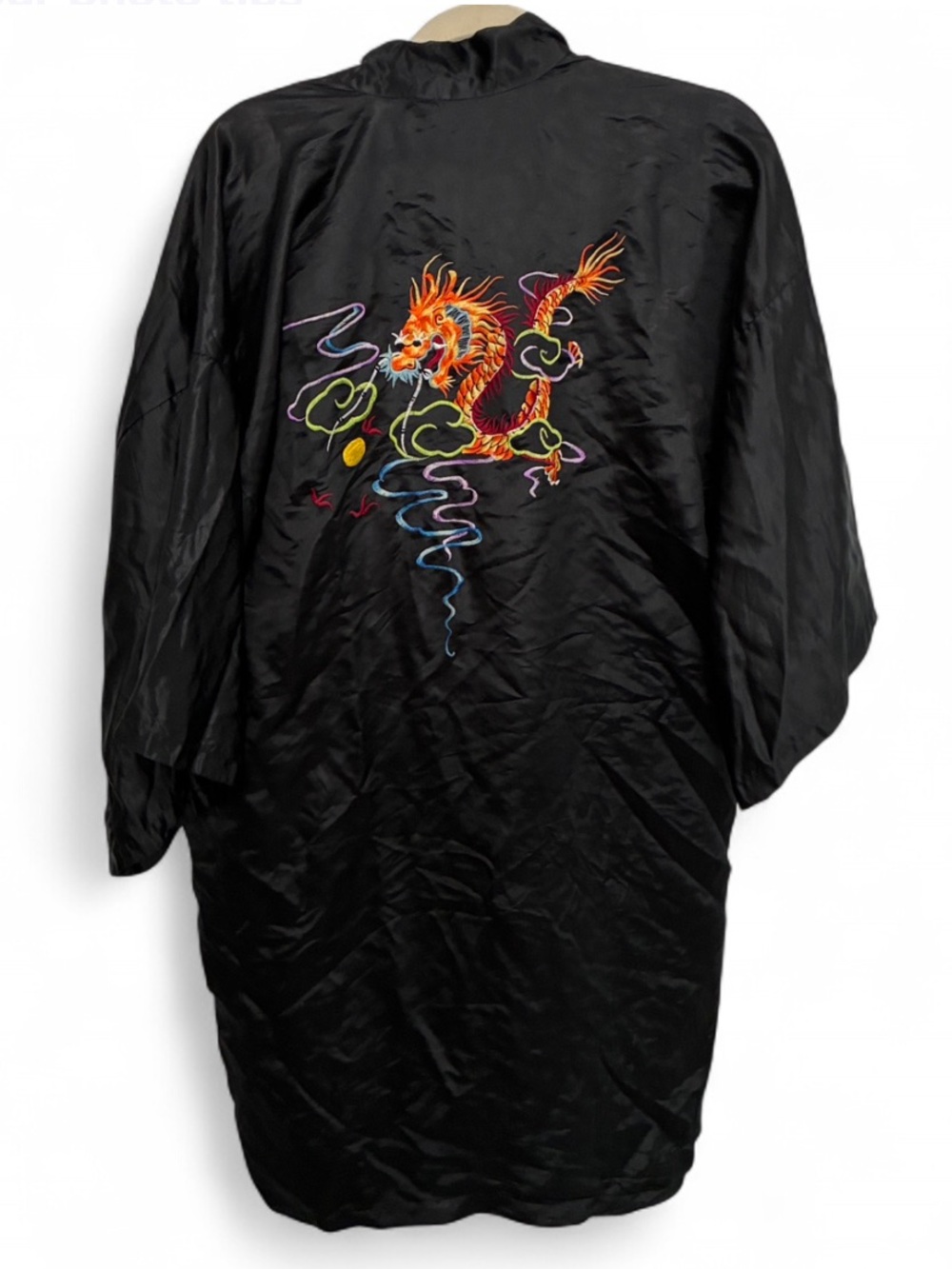 Vintage Black Satin Embroidered Dragon Kimono Robe